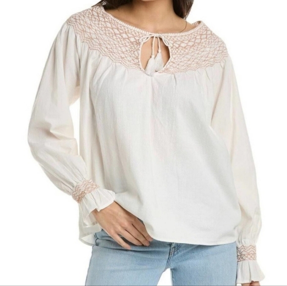 Faherty Laura Embroidered Boho Tassel Neck Whisper White 100% Organic Cotton Top - Picture 1 of 12